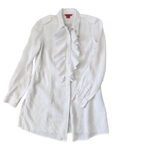 Sunny Leigh Linen Tunic/Cover up-White-Ruffle-Shirring-Epaulet-Coastal Grandma M